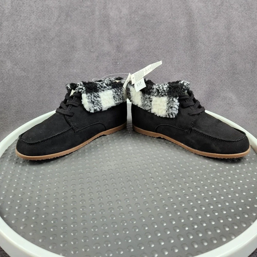 Gap Kids Moccasin Boot‎ Boys Size 1 Black Faux Suede Plaid Cuff Lined